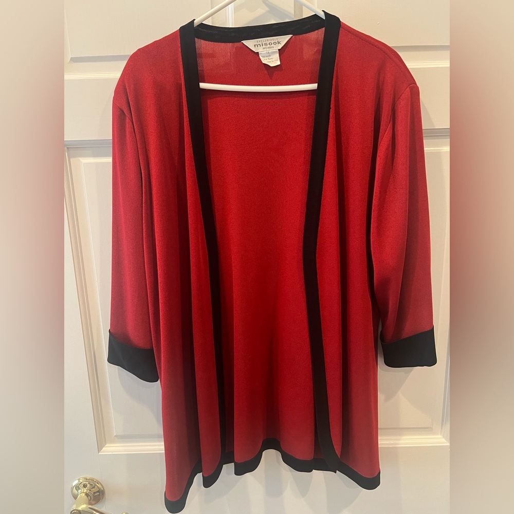 Exclusively Misook open front red cardigan with black trim, size 1X.